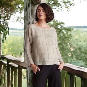 Eileen Fisher Eileen Fisher Catalan Organic Linen Plaid 3/4 sleeve tunic top